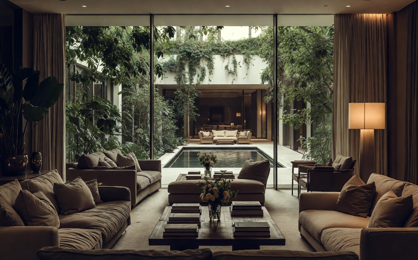 Private wellness lounge with floor-to-ceiling windows overlooking tranquil gardens