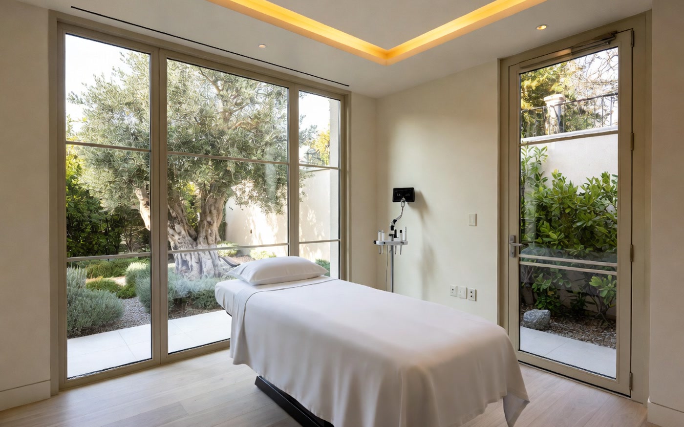 Private treatment suite with serene garden views and calming natural materials